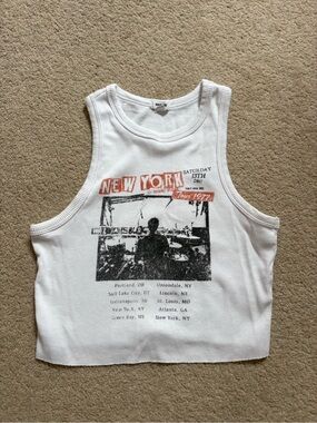 Garage White Ribbed Graphic Crop Tank with Orange & Black Print